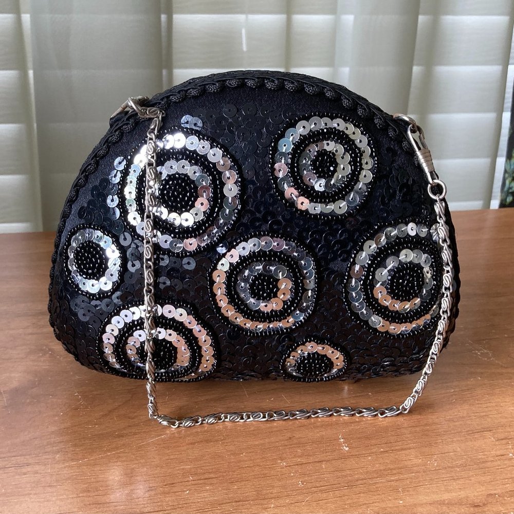 Expressions NYC Beaded Sequins Dome  Black Silver Cocktail   Party Handbag